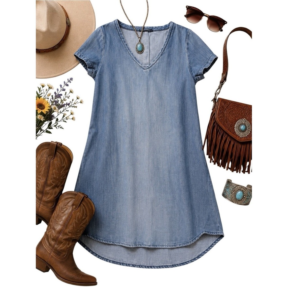 Velvet Heart Womens Blue Tencel Chambray Shift Dress Short Sleeve Mini S